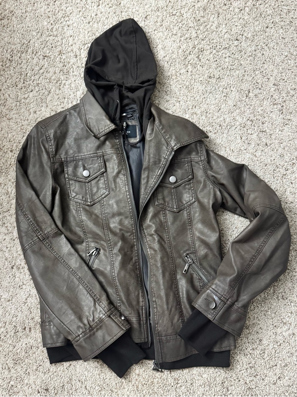Women’s Hooded Faux Leather Jacket in Dark Brown